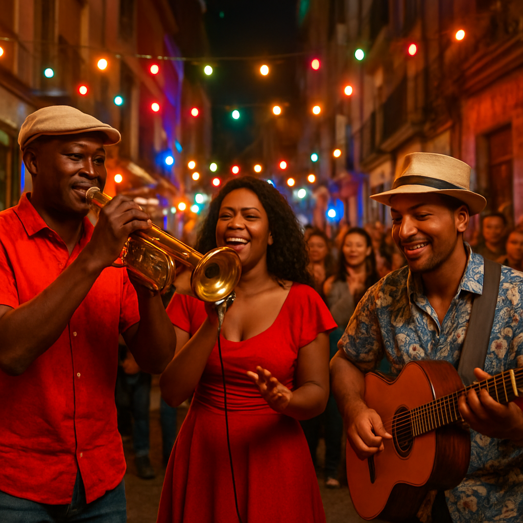 A vibrant scene of a Cuban band performing on a Madrid street, with colorful lights and a lively audience. Alt: música cubana madrid artistas en vivo en Madrid