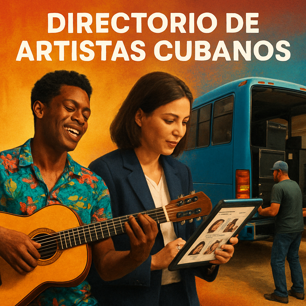 A vibrant collage showing a musician playing the tres, a manager reviewing a tablet with artist profiles, and a bus loading equipment. Alt: comparativa opciones contratar artistas cubanos Madrid