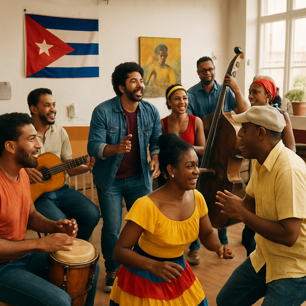 A vibrant gathering of Cuban musicians and dancers in a community center in Madrid, sharing ideas and rehearsing together. Alt: comunidad de artistas cubanos en España