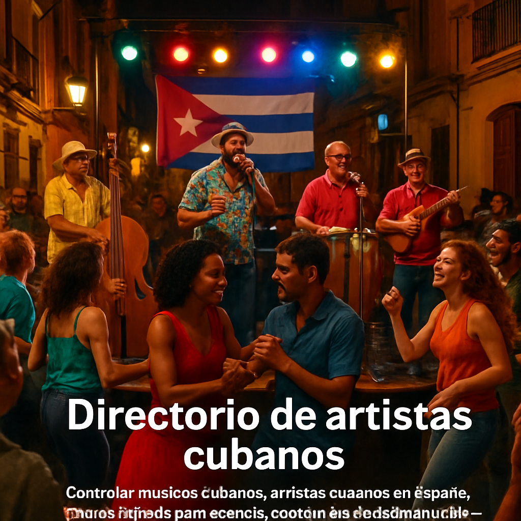 A vibrant street scene in Valencia with a Cuban salsa band performing on a small stage, colorful lights, audience dancing, showing the energy of a live event. Alt: músicos cubanos en un evento en Valencia, energía y colorido