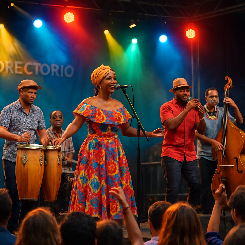 A vibrant scene of a Cuban band performing on a European festival stage, with colorful lights and an engaged audience. Alt: músicos cubanos en directo en Europa, directorio de músicos cubanos en Europa