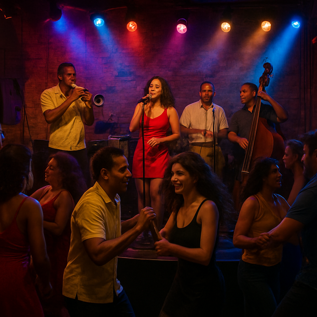 A vibrant night scene in a Barcelona venue with a Cuban salsa band on stage, colorful lights, and a dancing crowd. Alt: concierto salsa Barcelona con artistas cubanos en vivo
