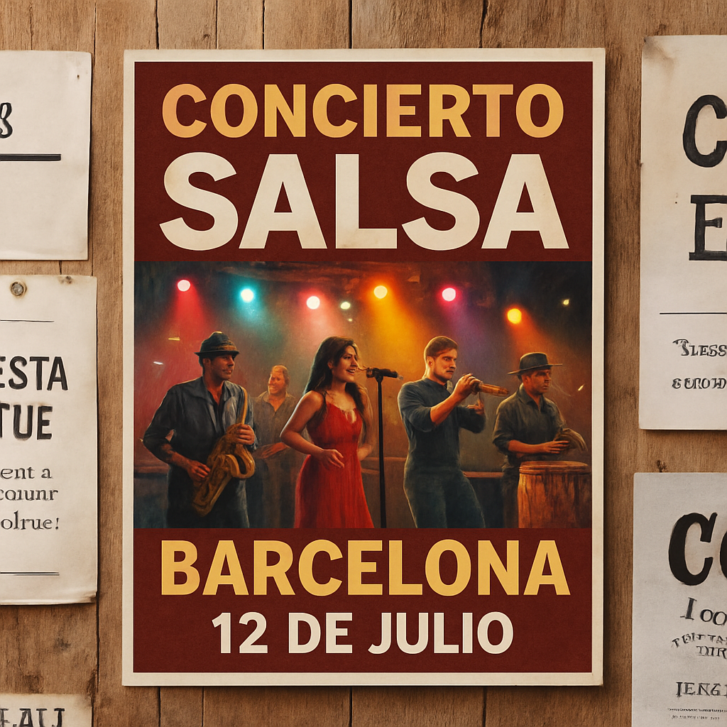 A vibrant flyer on a community board in Barcelona, showing a salsa band on stage, colorful lights, and the text 