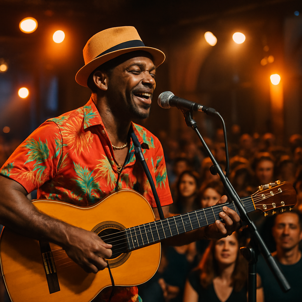 Fotografía vibrante de un músico cubano actuando en un escenario europeo, con público atento y luces cálidas. Alt: Artista cubano destacando en directorio de músicos cubanos en Europa