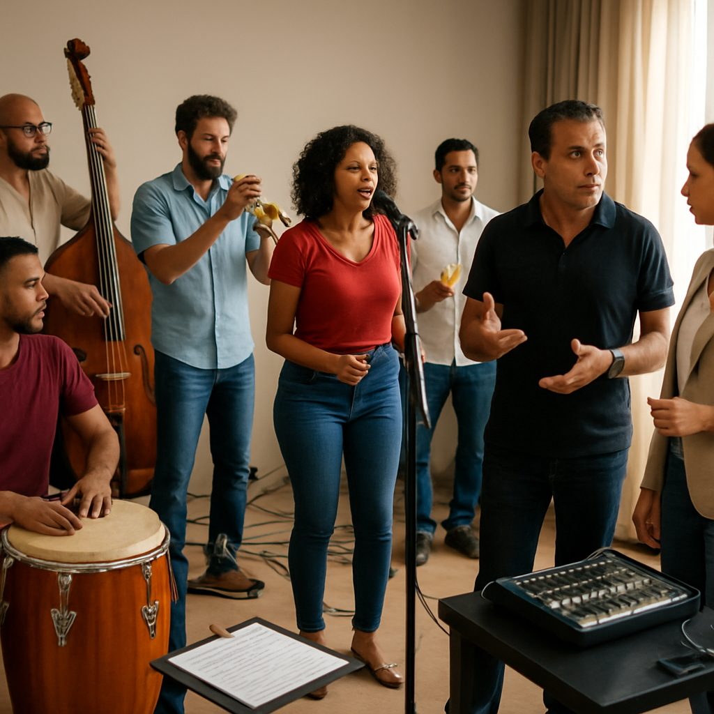 A lively rehearsal scene with a salsa orchestra, instruments laid out, director discussing with event organizer. Alt: orquesta de salsa colaborando y registrando requisitos técnicos