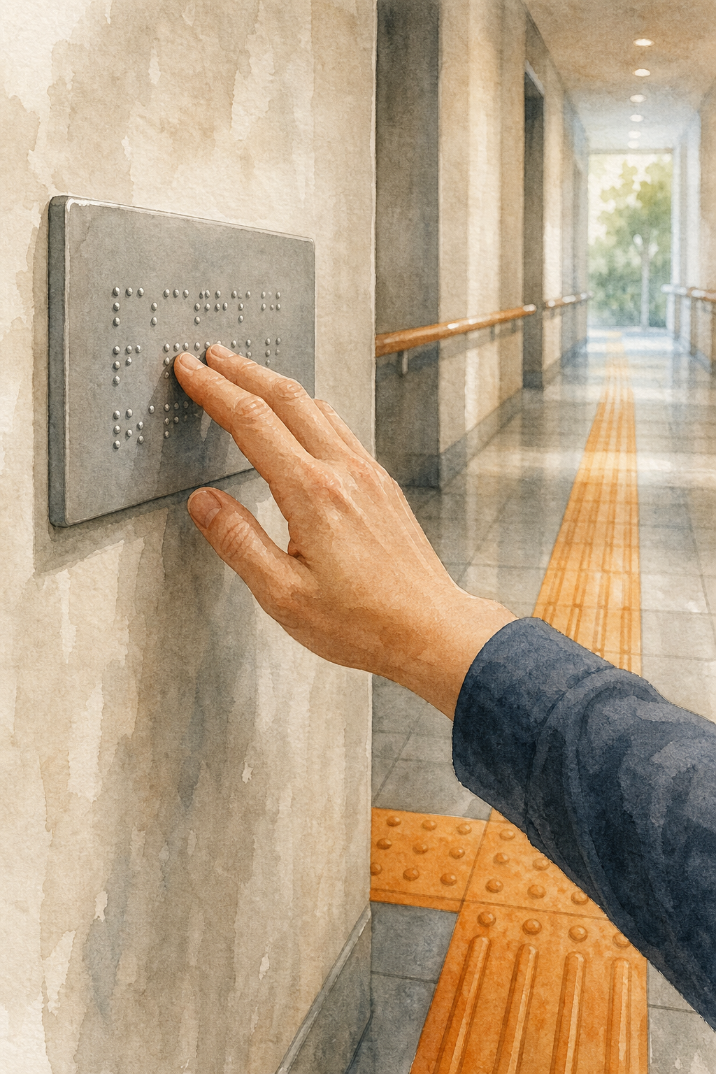 Una ilustración en acuarela realista de una mano tocando un letrero braille táctil en una pared, con un camino guía de losetas podotáctiles en el piso. Alt: Señalética táctil braille y losetas podotáctiles en un pasillo.