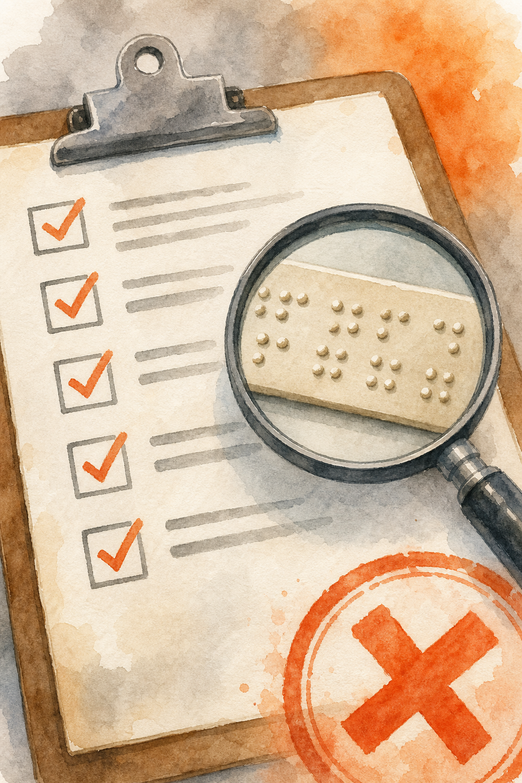 Una ilustración en acuarela de una lista de verificación con una lupa sobre un letrero braille y un sello de 