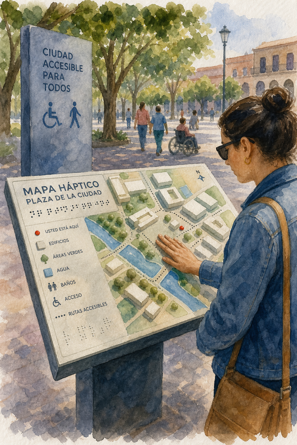 Watercolor depiction of a public space tactile map installation. Alt: mapa háptico en entornos públicos