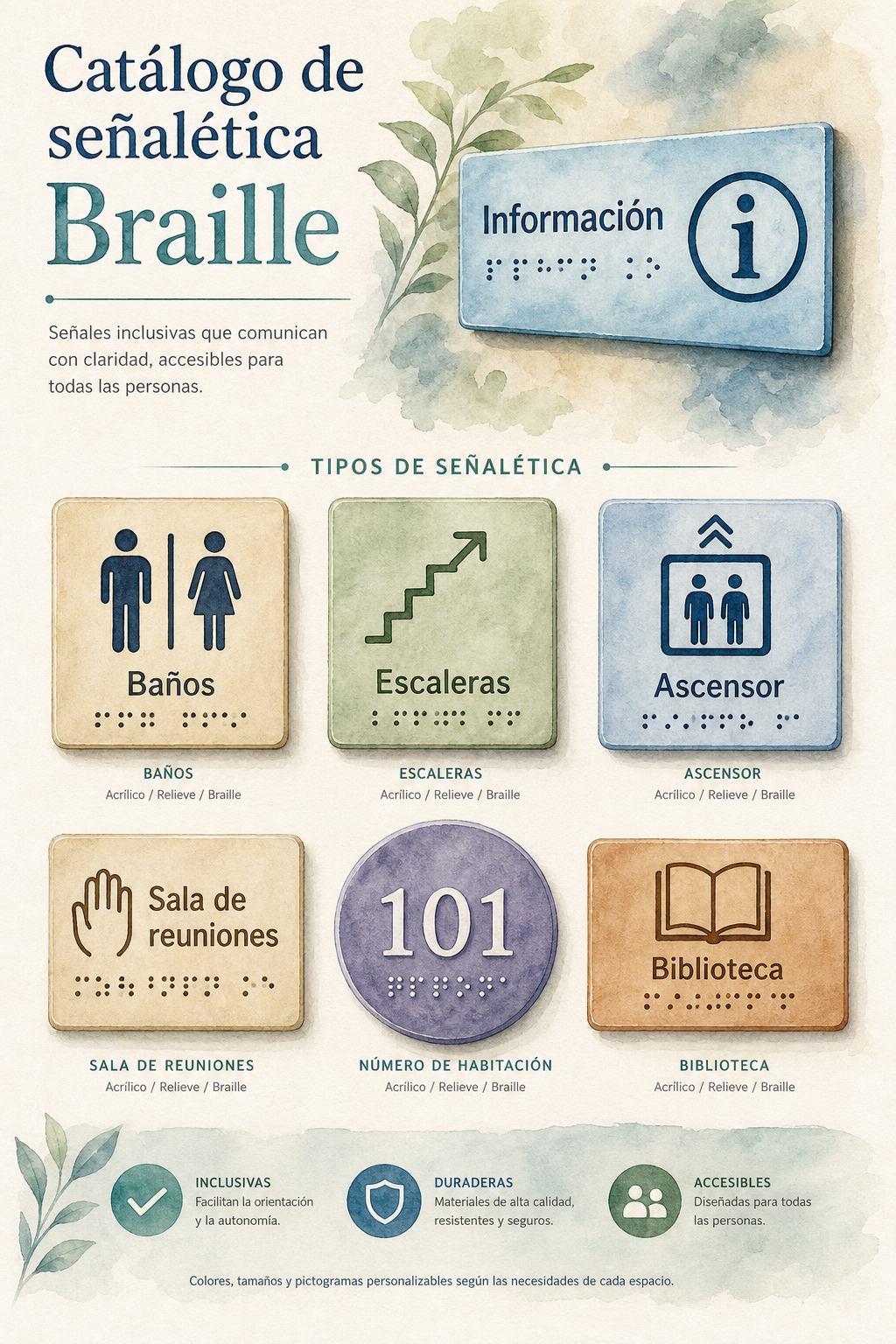 Watercolor catalog signage with Braille plaques. Alt: Catálogo de señalética Braille