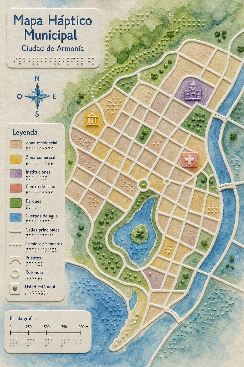Watercolor city map with tactile features. Alt: Mapas hápticos municipales