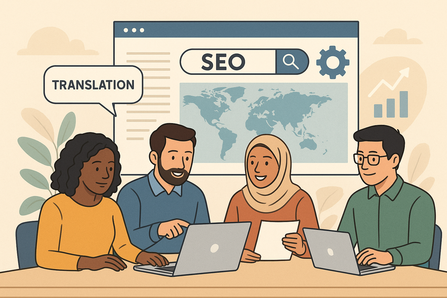 Un equipo internacional colaborando en la traducción SEO de un sitio web global.