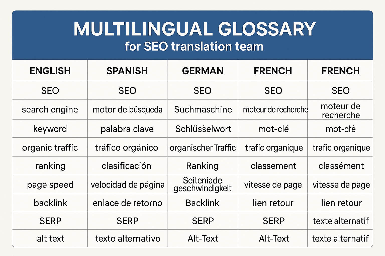 Captura de pantalla de un glosario multilingüe para un equipo de traducción SEO.