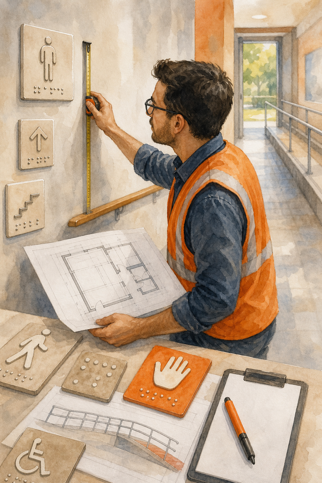 Watercolor illustration of an architect measuring a wall with a tape measure, looking at a blueprint with braille signage symbols scattered around. Alt: Diagnóstico de accesibilidad para auditoría de señalética táctil