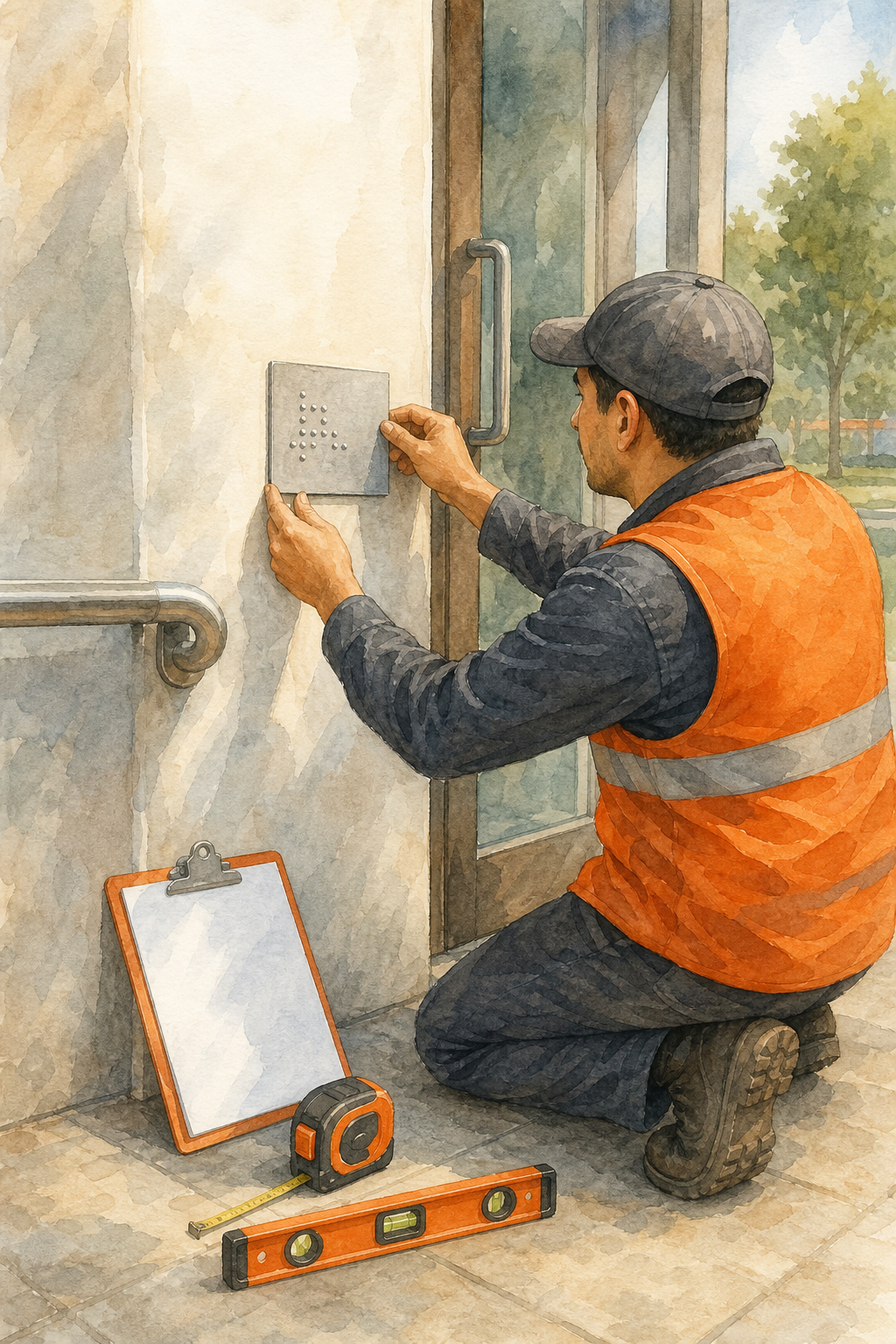 Watercolor scene of a technician installing a braille sign beside a door, with a clipboard and measuring tools on the floor. Alt: Verificación de instalación de señalética braille en licitación pública