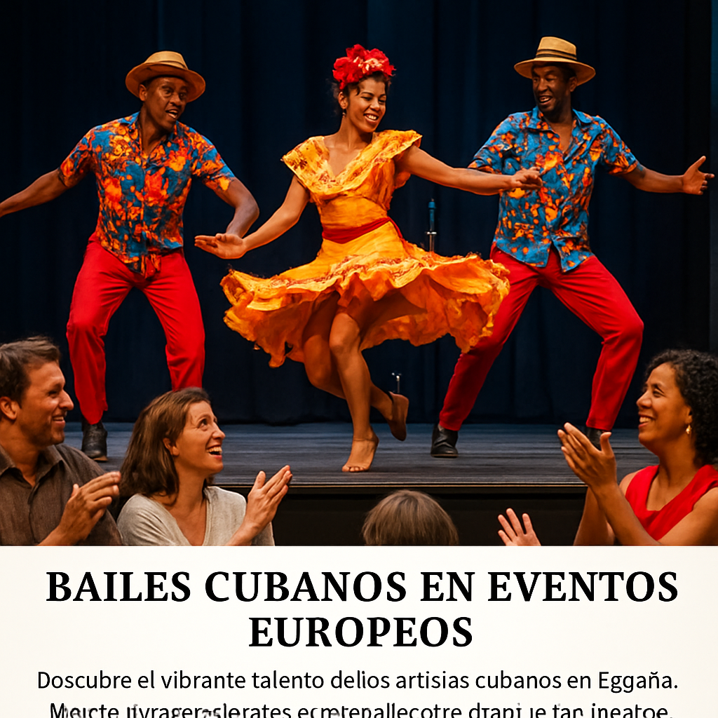 A vibrant Cuban dance performance on a European event stage, dancers in colorful traditional costumes, lively audience clapping and smiling. Alt: Bailes cubanos en eventos europeos, energía y color.