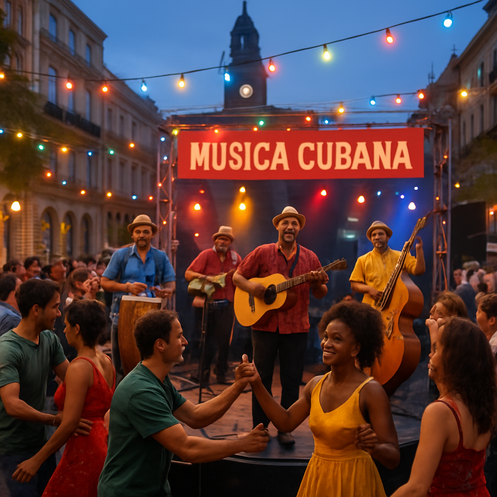 A vibrant outdoor Cuban music festival in a European city plaza, with colorful lights, a live band playing traditional instruments, and an enthusiastic crowd dancing. Alt: música de cuba en eventos europeos, directorio de artistas cubanos, concierto al aire libre.