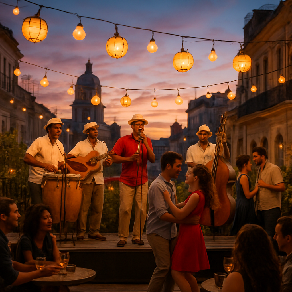 A lively outdoor terrace in a European city at sunset, Cuban musicians playing son and salsa on a small stage, guests dancing, lanterns lighting the scene. Alt: comparativa de estilos de música cubana en eventos al aire libre