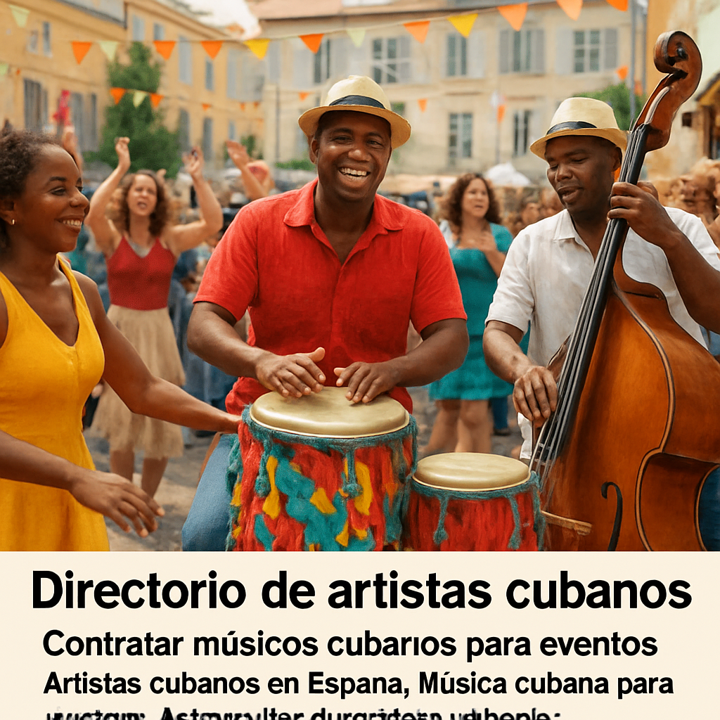 A vibrant scene of Cuban musicians performing at a European outdoor event, with colorful instruments and dancing crowd. Alt: música cubana en eventos europeos