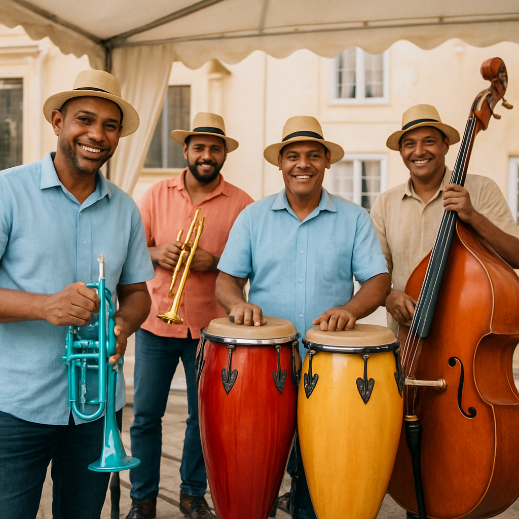A Cuban band setting up their instruments on stage before a European wedding, with colorful trumpets, congas, and smiling musicians. Alt: músicos cubanos preparando su show para un evento europeo