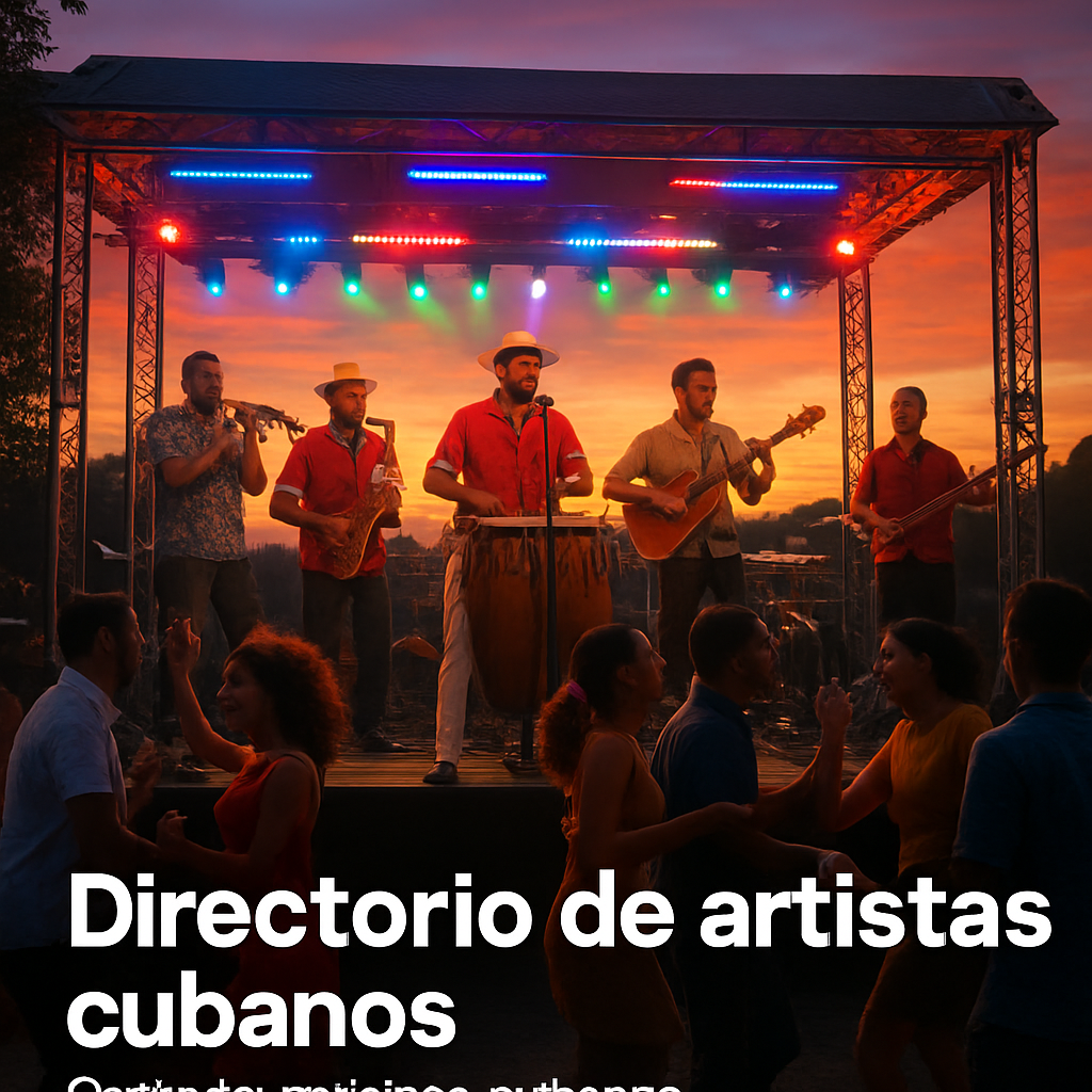 A vibrant outdoor stage with a Cuban salsa band performing under colorful LED lights, audience dancing, sunset background. Alt: grupo musical cubano al aire libre con iluminación LED