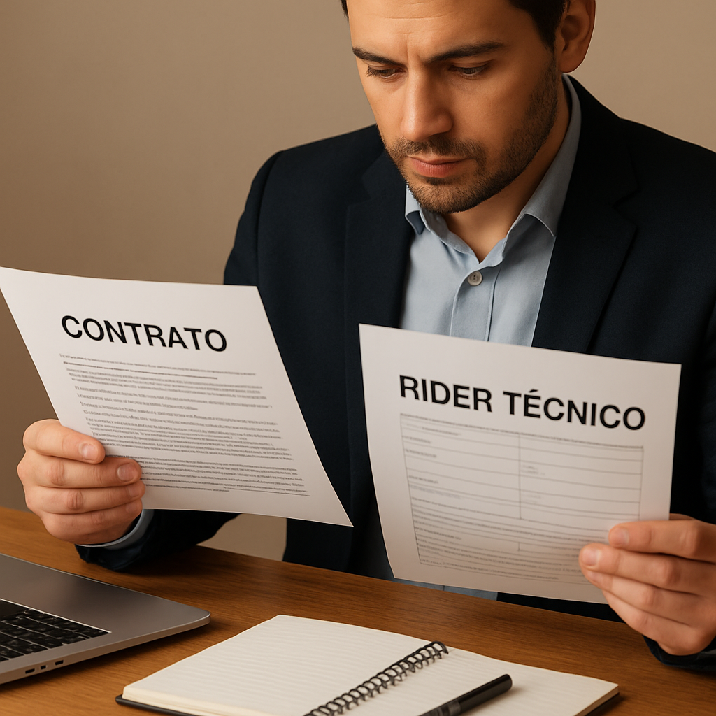 Un organizador revisando un contrato y un rider técnico en una mesa, con una laptop y notas, alt: contratar grupo musical paso a paso, revisar contrato y rider técnico
