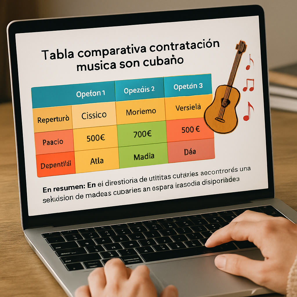 A planner comparing musician contract options on a laptop, with Cuban music notes and a colorful tabla comparativa on screen. Alt: tabla comparativa contratación música son cubano