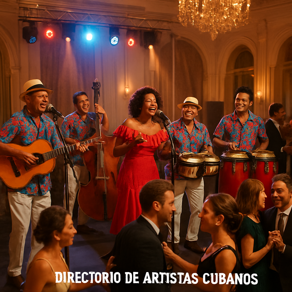 A vibrant Cuban musical group performing at an elegant European event, with guests dancing and a beautifully lit stage. Alt: grupo musical cubano en evento europeo, música en vivo, ambiente festivo