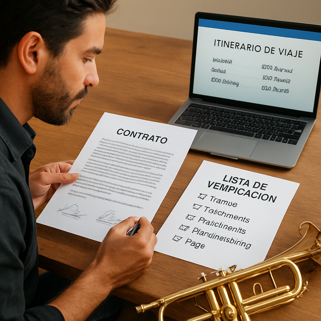 A professional musician reviewing a signed contract and a checklist on a table, with a laptop showing a travel itinerary. Alt: contrato y logística del grupo musical para eventos.