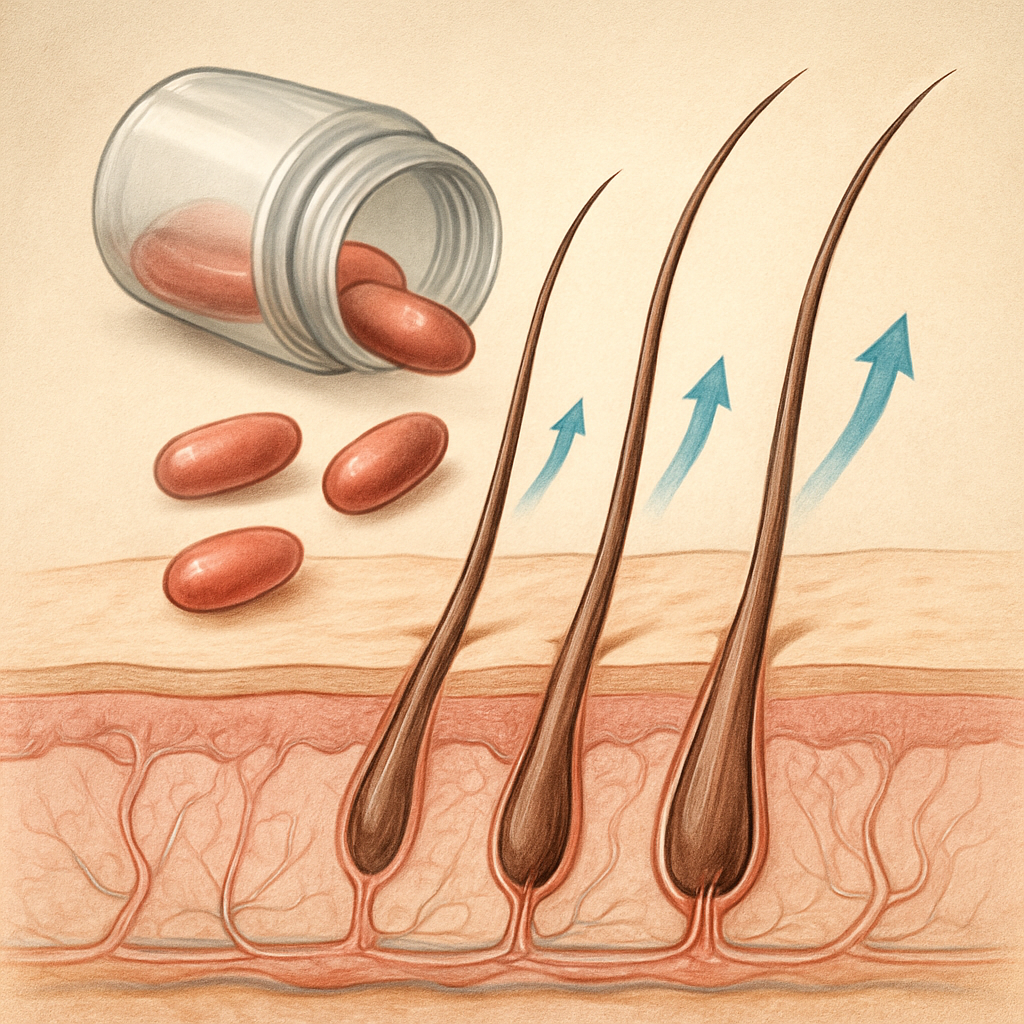 A detailed illustration of hair follicles responding to nutrients from oral supplements, showing growth phases. Alt: hair growth pills for women stimulating follicles