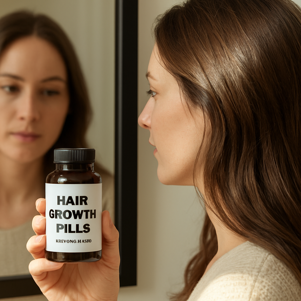 A close‑up of a woman holding a bottle of hair growth pills next to a mirror, sunlight highlighting her hair’s texture. Alt: hair growth pills for women, choosing the right supplement based on hair type
