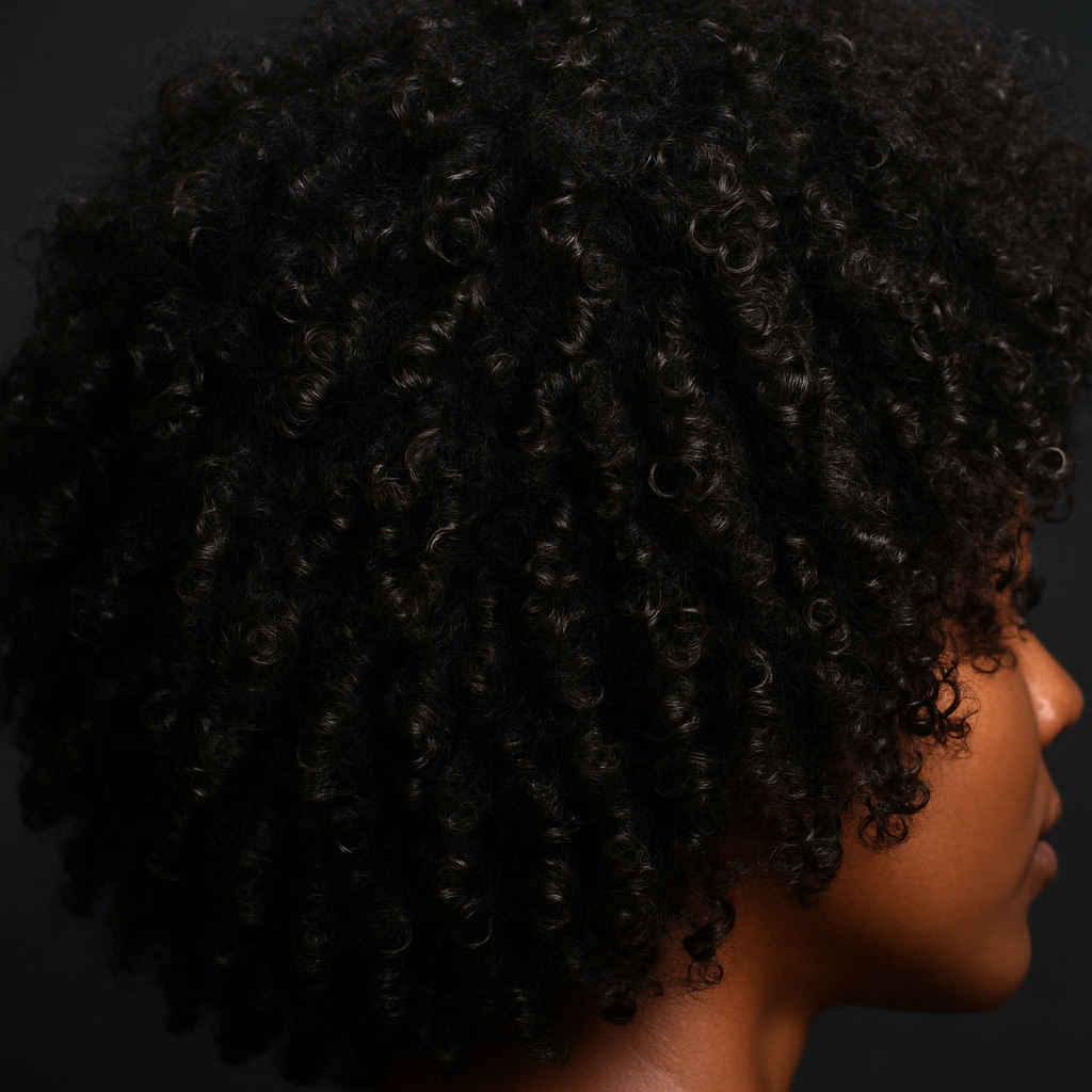 A close‑up of healthy afro curls on a dark background, showing shine and volume. Alt: Afro hair growth products for afro hair – vibrant, moisturised curls after using a balanced hair‑care routine.