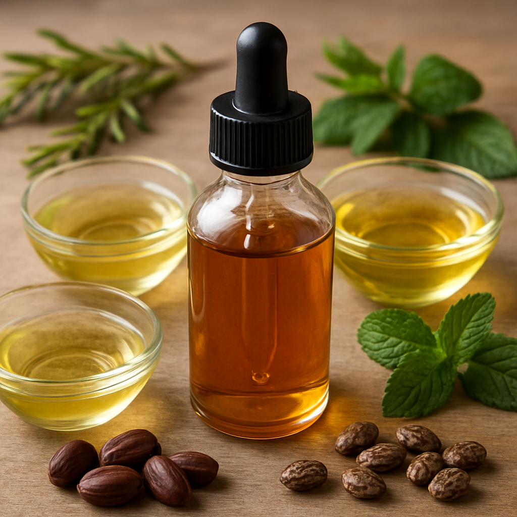 A close‑up of a glass dropper bottle filled with a golden‑brown oil mixture, surrounded by small bowls of jojoba, castor, and grapeseed oils, with rosemary sprigs and peppermint leaves scattered nearby. Alt: DIY hair growth oil for afro hair