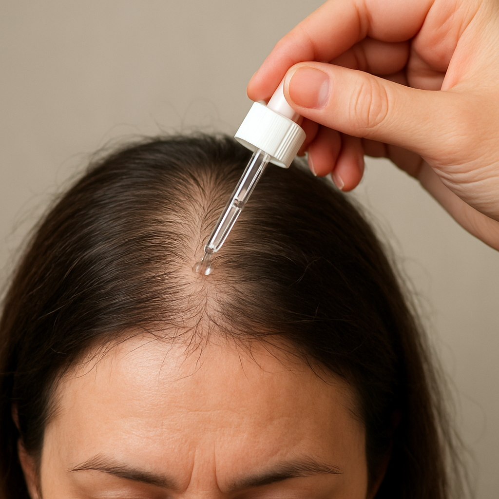 Close‑up of a scalp with visible thinning areas and a hand holding a dropper of hair growth serum. Alt: Assess hair loss type and causes for hair growth serum for women.