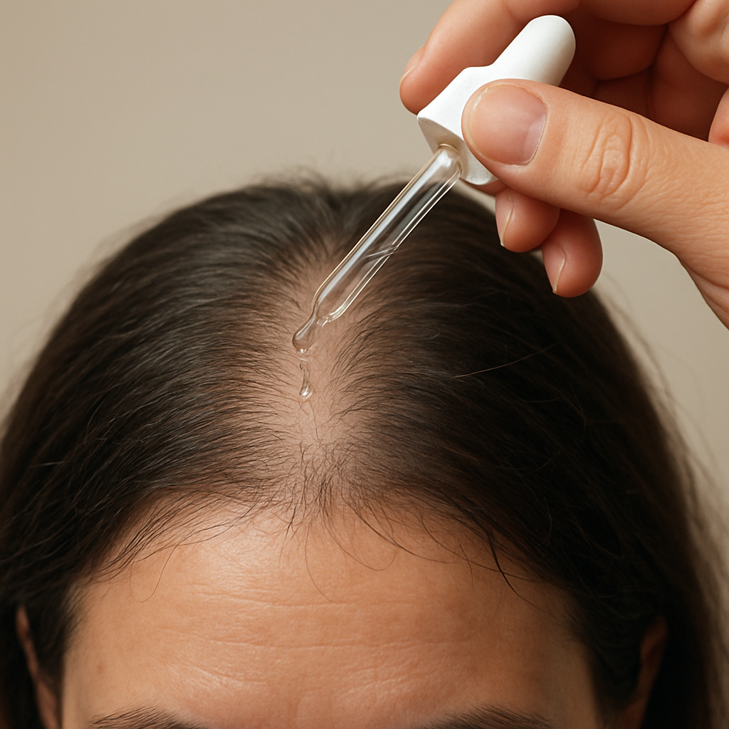 Close‑up of a hand holding a dropper above a damp scalp, with droplets landing on thinning areas. Alt: Proper application of hair growth serum for women