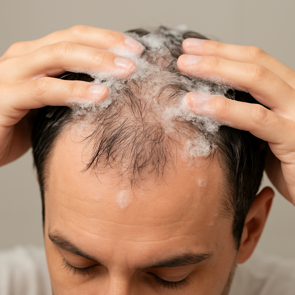 Close‑up of a man's scalp being gently massaged with a foamy hair loss shampoo, showing healthy follicles and a calm, clean environment. Alt: hair loss shampoo for men scalp massage demonstration.