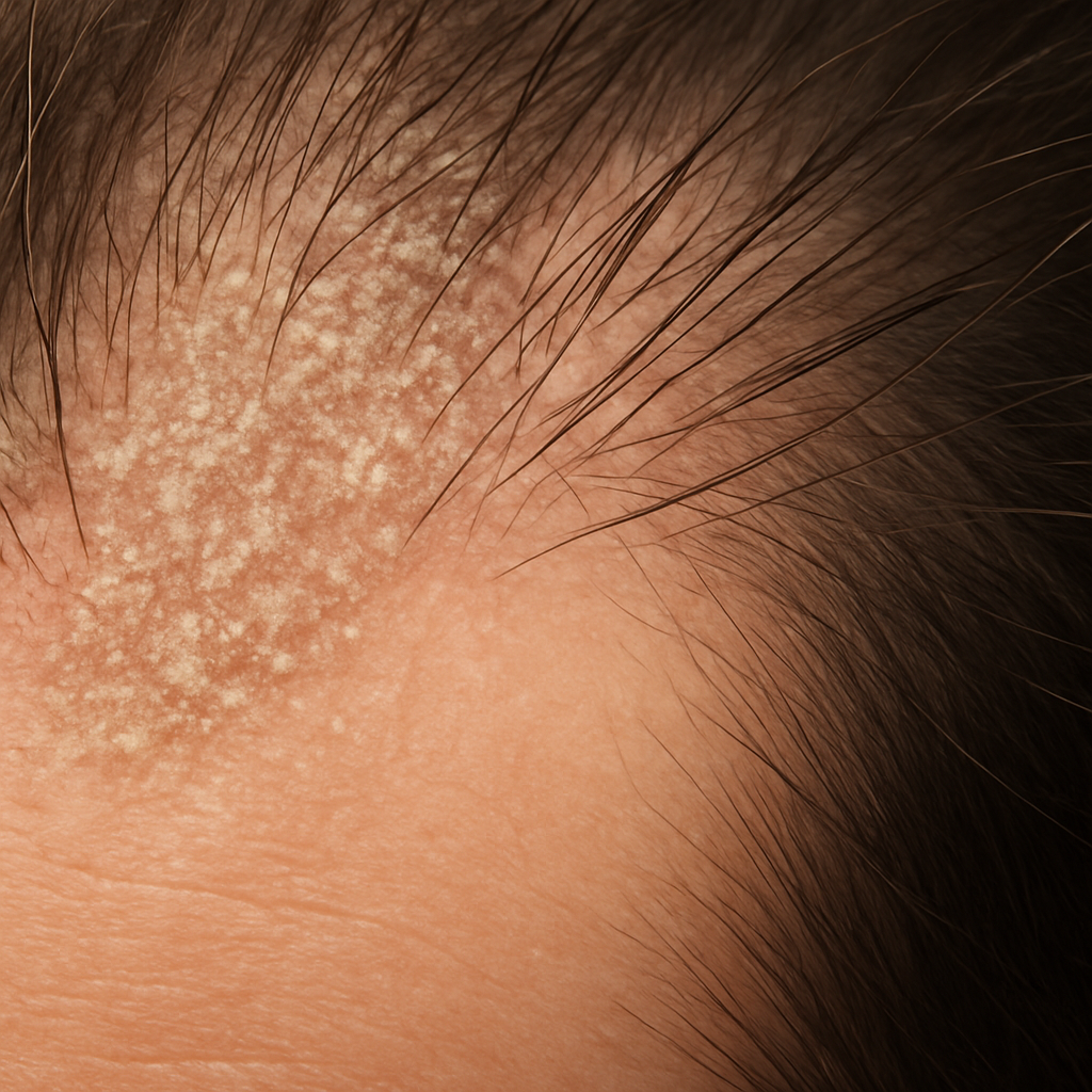 A close‑up of a healthy scalp with visible hair follicles, showing a contrast between oily, flaky patches and smooth, nourished areas. Alt: natural hair loss causes scalp health illustration