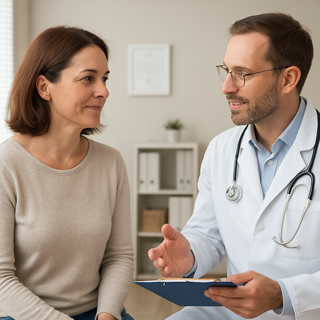 A supportive conversation between a patient and oncologist discussing hair regrowth after chemotherapy, showing a calm clinic setting. Alt: hair regrowth after chemotherapy consultation.