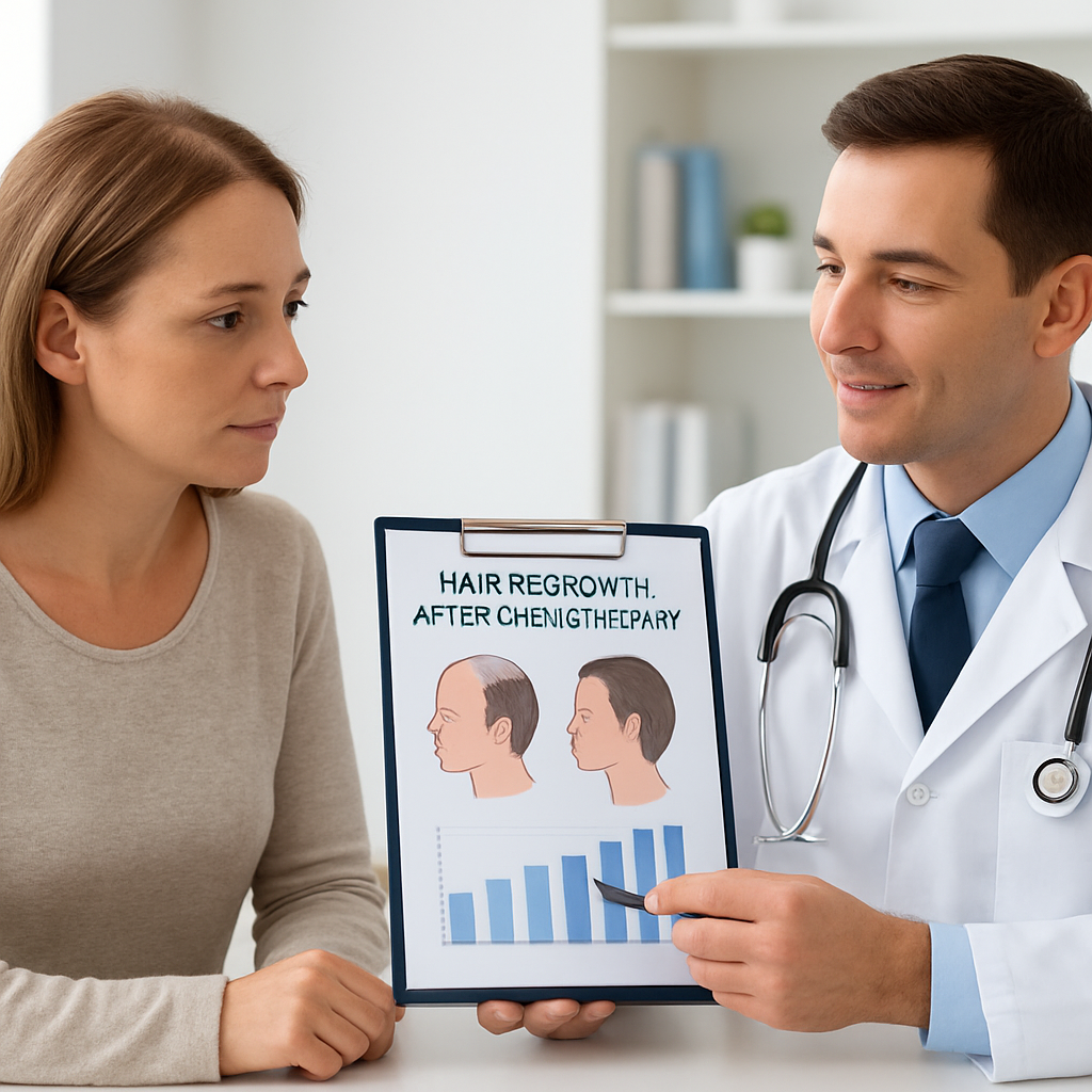 A calm clinical setting showing a patient and doctor reviewing scalp treatment options, highlighting a medical chart about hair regrowth after chemotherapy. Alt: Hair regrowth after chemotherapy medical evaluation.