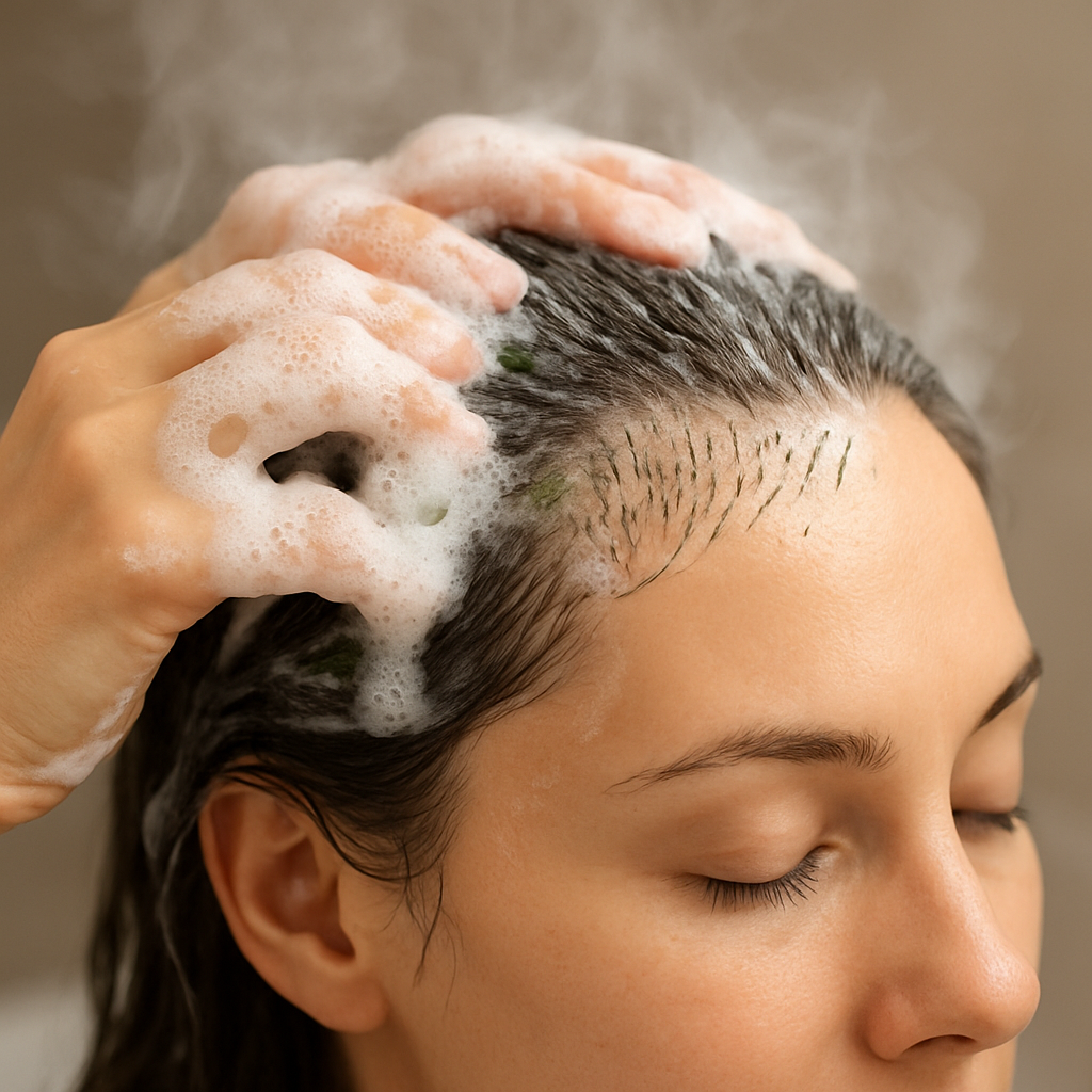 A close‑up of a woman lathering a gentle, botanical‑infused shampoo on her scalp, steam rising, with a focus on healthy hair follicles. Alt: hair regrowth shampoo for women, scalp health, natural ingredients