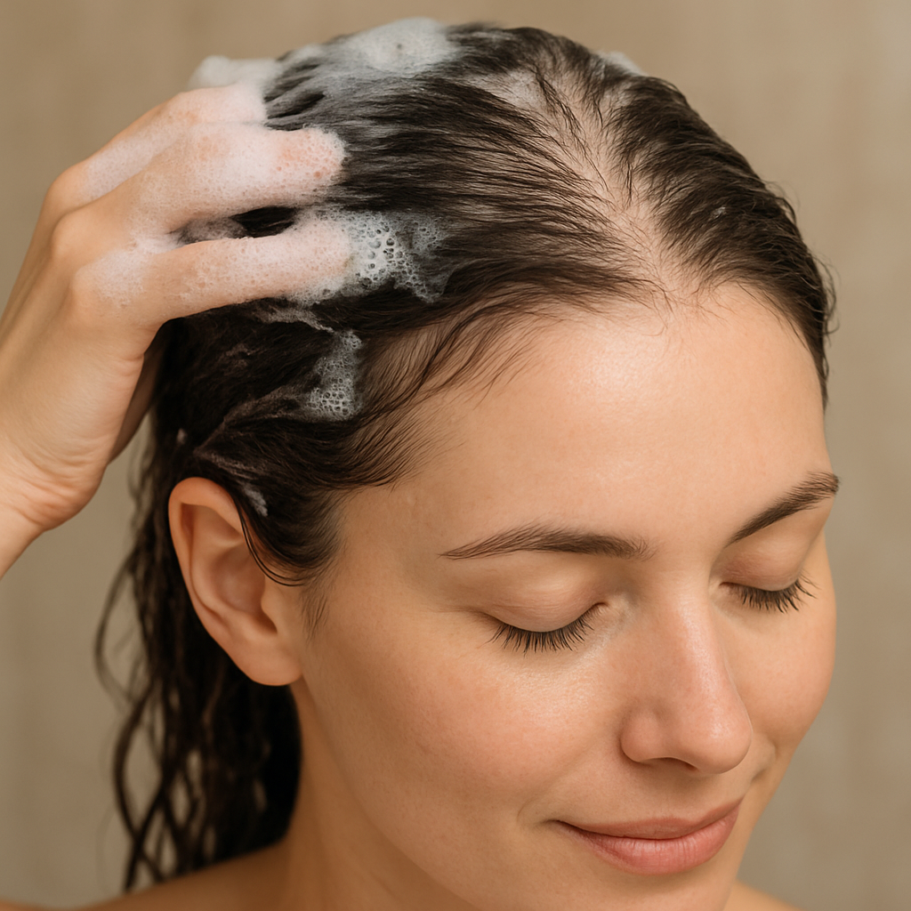 A close-up of a woman's scalp showing gentle shampoo lather and a calm expression, Alt: hair regrowth shampoo for women side effects illustration