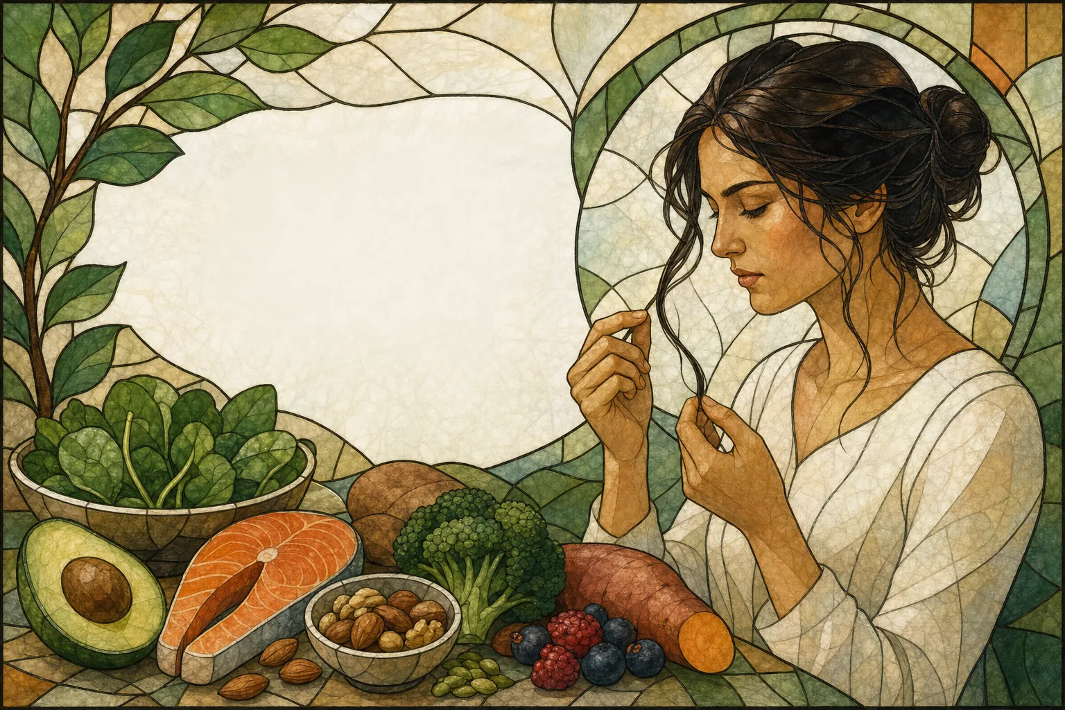 Hair vitamins for thinning hair routine with food-first nutrition and a calm wellness theme.