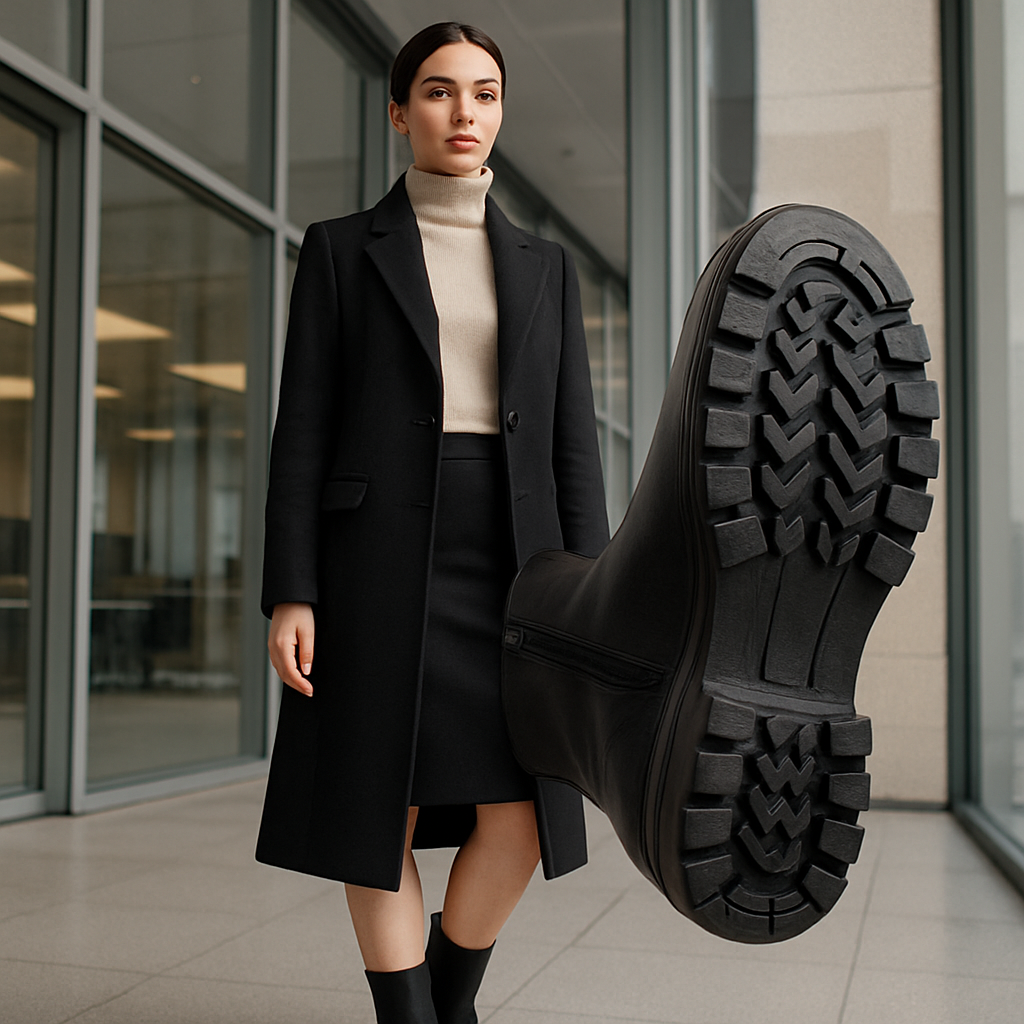 En stilren kvinna i eleganta, halkfria vinterkängor med en modern kontorsbakgrund, fokus på sulans breda mönster och dragkedjans diskreta design. Alt: eleganta halkfria vinterkängor dam på kontoret.