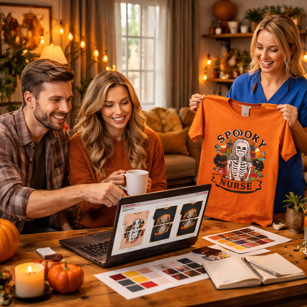 A photorealistic scene showing a mom and dad reviewing Halloween t-shirt mockups on a laptop while a nurse friend samples a printed tee; cozy home office with pumpkins and orange lighting. Alt: Halloween t-shirt print on demand planning scene with family-friendly vibe.