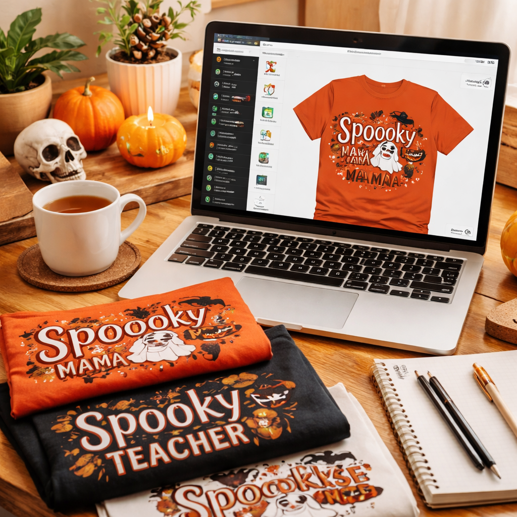 A photorealistic scene of a home office desk with a laptop displaying a Halloween t‑shirt template editor, a cup of tea, and a stack of printed sample tees in black and orange, appealing to moms, dads, teachers, and nurses. Alt: Customizable template for Halloween t‑shirt print on demand.