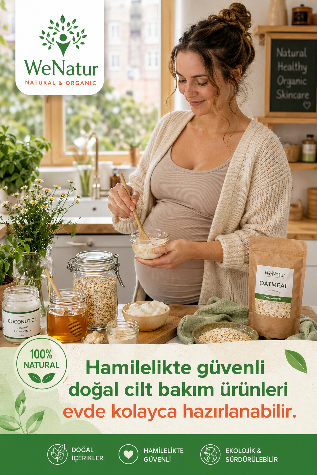Bir kadın mutfakta cam kavanozlarla doğal yüz maskesi yapıyor, önünde hindistan cevizi yağı, bal, yulaf ezmesi gibi malzemeler. Alt: Hamilelikte güvenli doğal cilt bakım ürünleri evde kolayca hazırlanabilir.