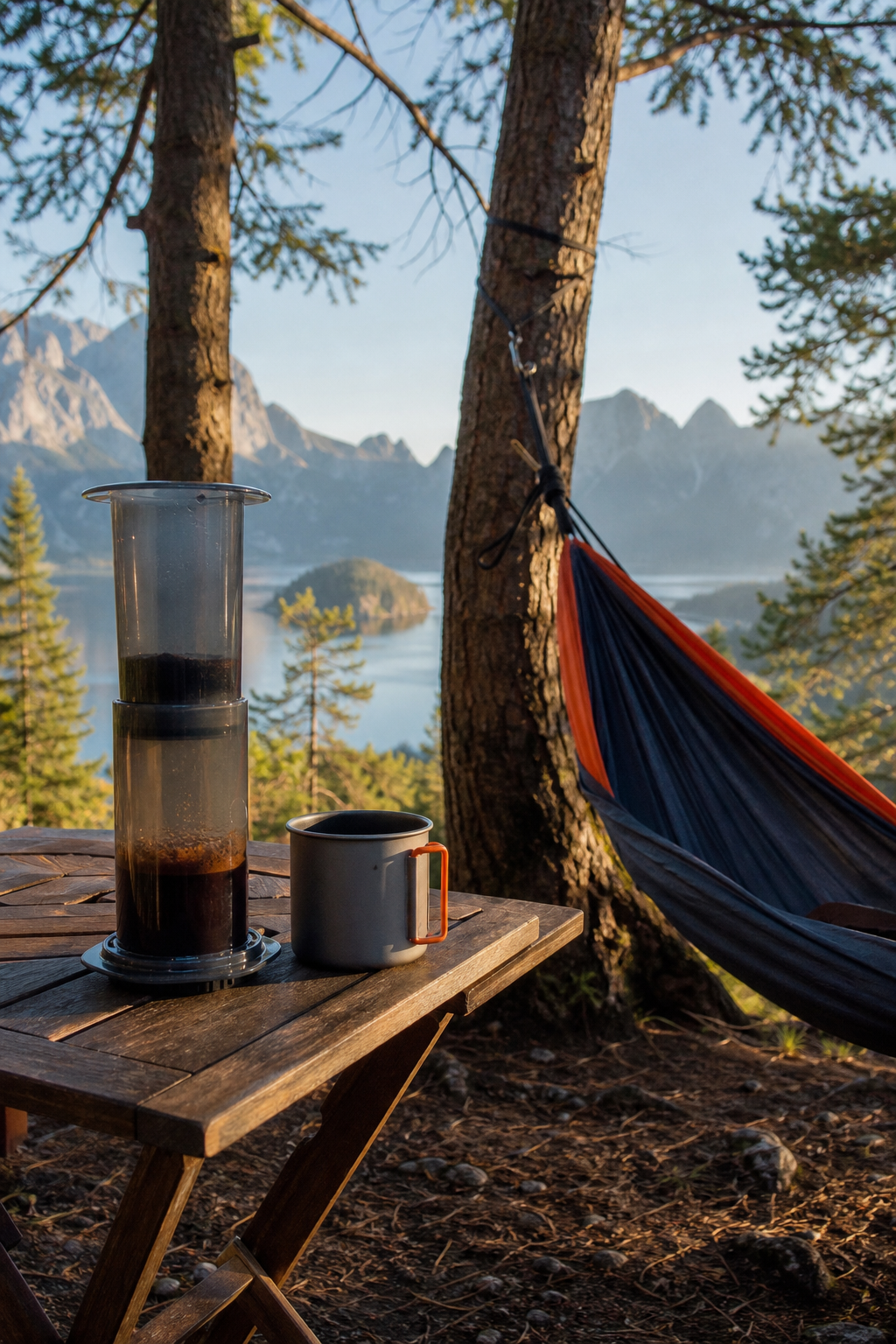 A realistic outdoor scene showing a portable AeroPress brewer and a small camp mug resting on a wooden camp table beside a hammock strung between two trees, warm morning light filtering through the leaves. Alt: hammock coffee brewing methods compared outdoors with AeroPress and pour-over gear.