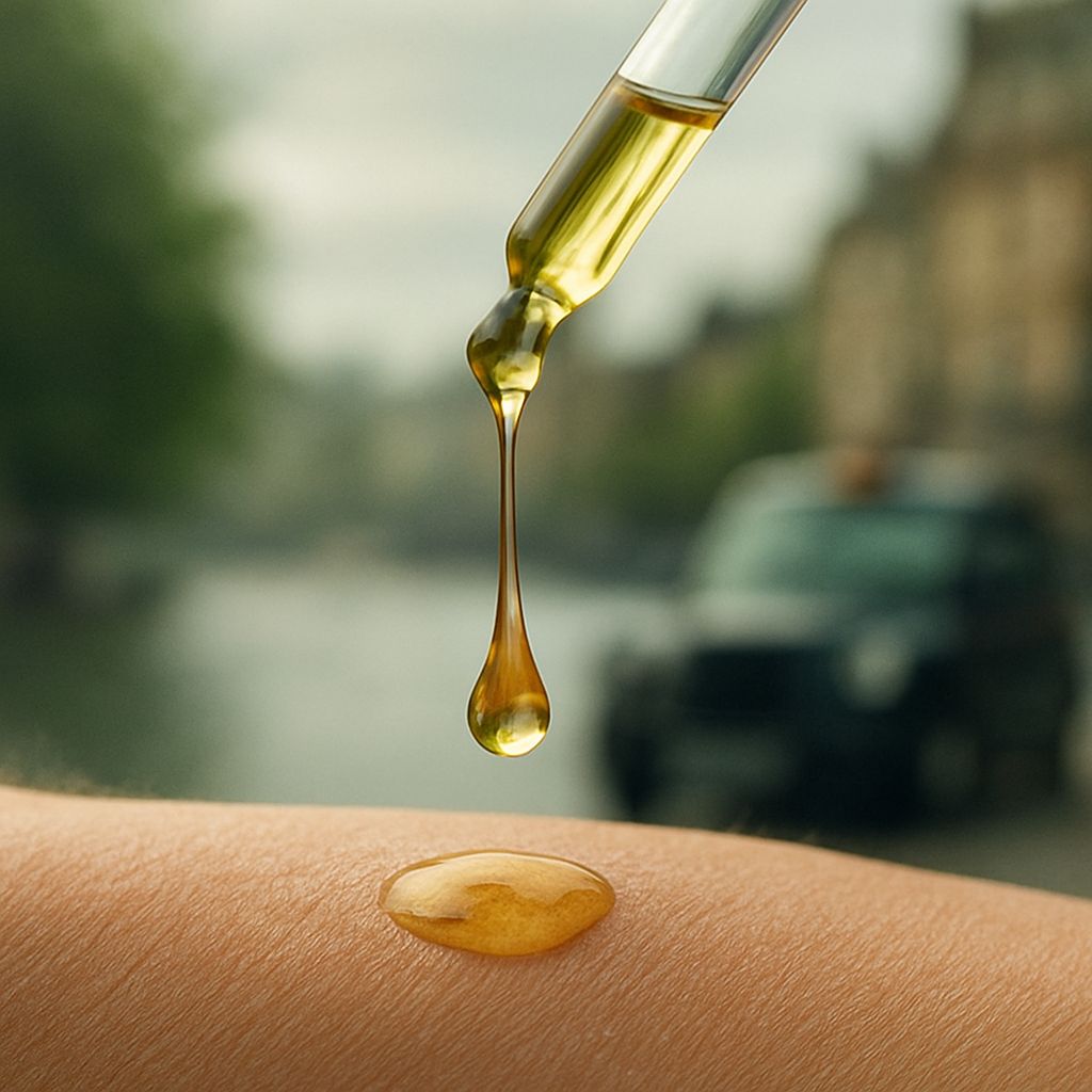 A close‑up of a clear drop of hemp oil being drizzled onto skin, with a background of light, misty water. Alt: Clear hemp oil droplet on skin