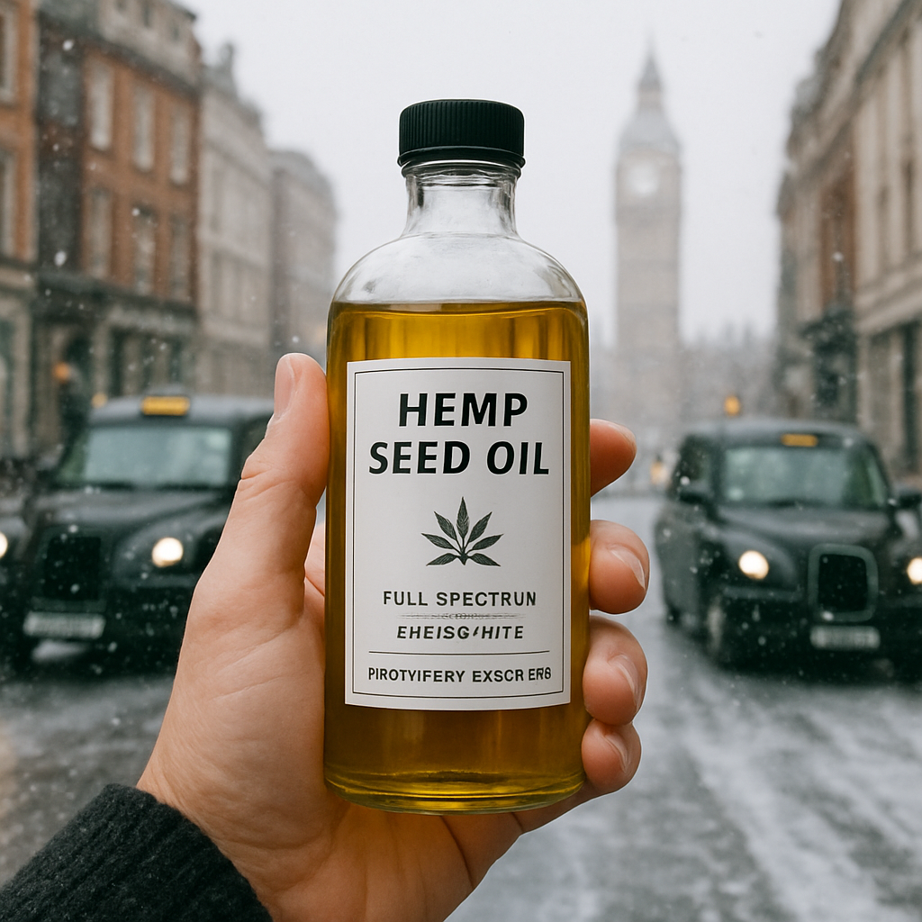 A hand holding a clear glass bottle of hemp seed oil against a snowy background. Alt: Hand holding clear hemp seed oil bottle