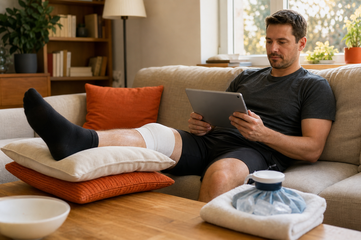 early hamstring strain recovery with supported leg and cold pack