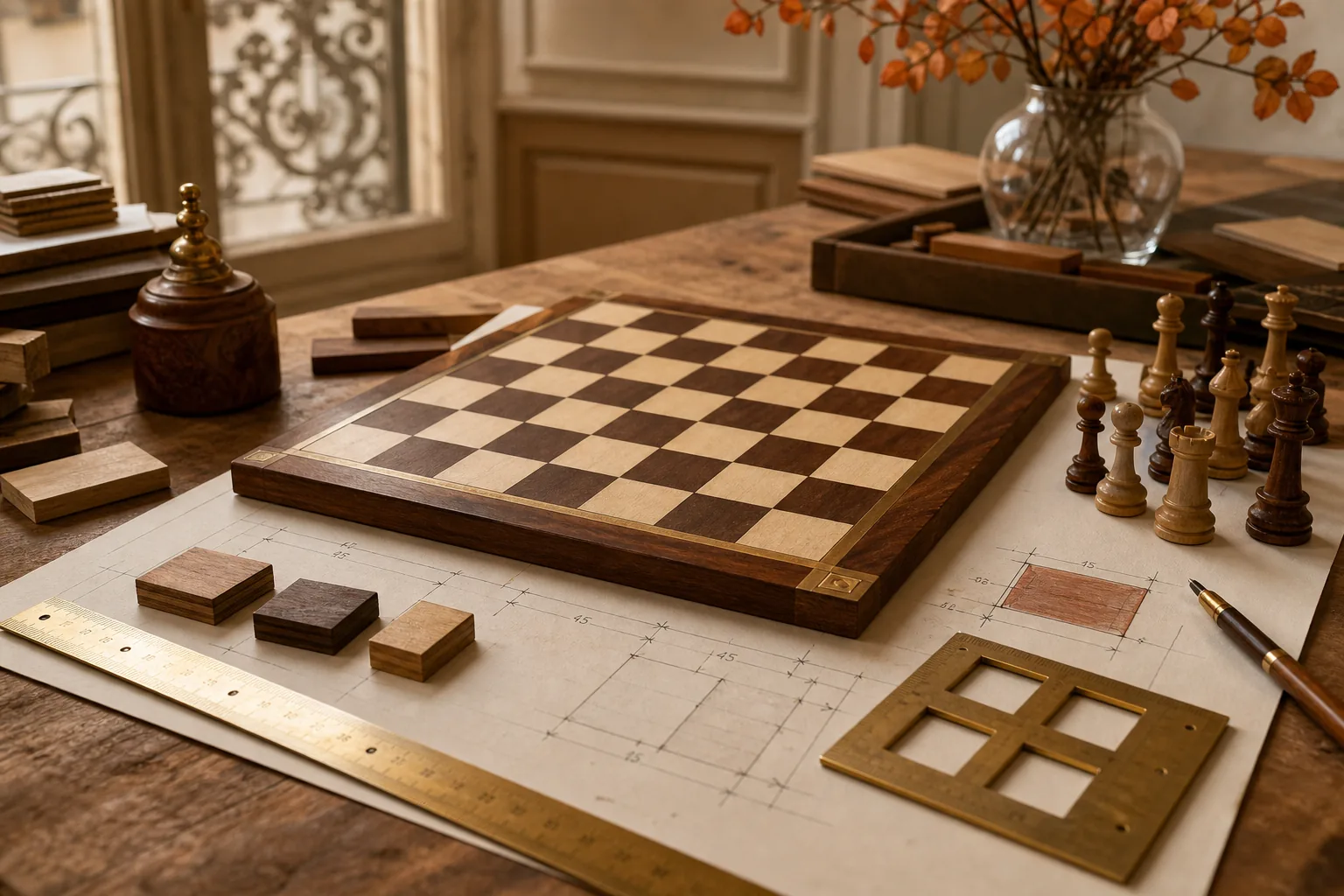 measured handmade chess set board with square size and wooden piece templates.